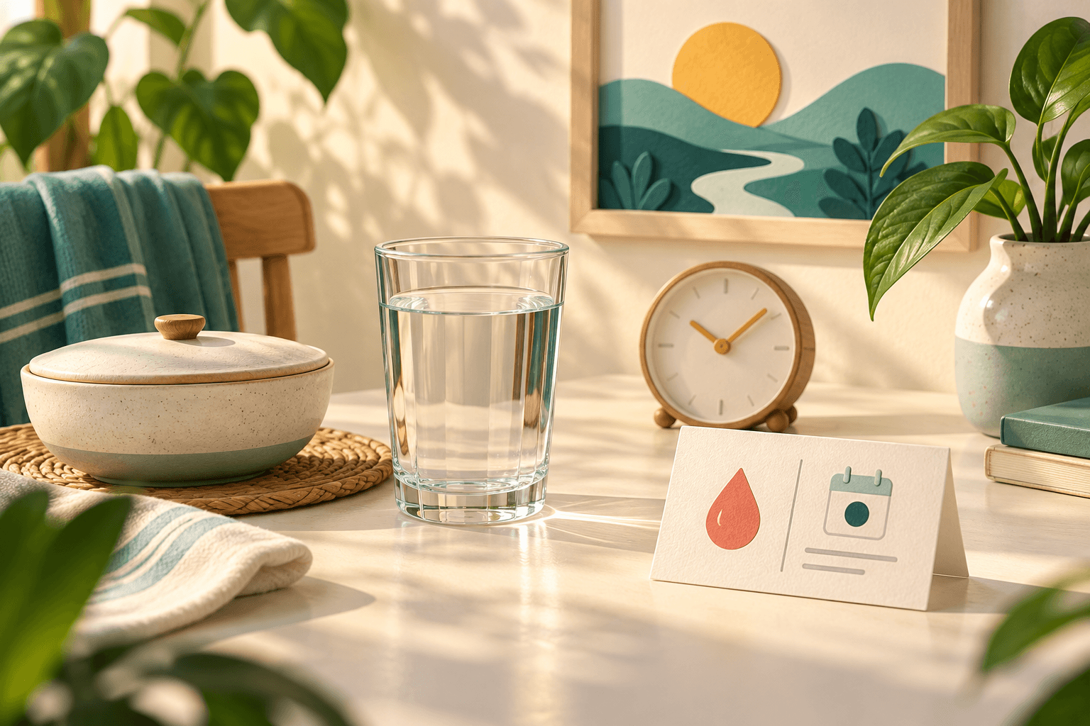 Illustration of a glass of water, a clock and breakfast set aside before a test appointment.